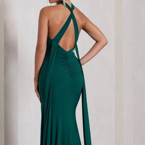 Club London Green Halter-Neck Open-Back Split Maxi Dress - Picture 2 of 4